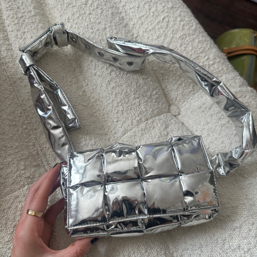 Bottega Veneta Metallic Silver Mini Cassette Shoulder Bag